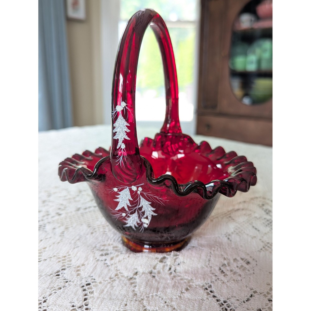 Fenton Ruby Amberina Basket Hand Painted Snowy Pine Trees Ruffled Rim